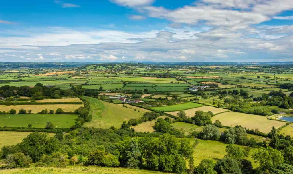 Aerial view of Somerset countryside, England