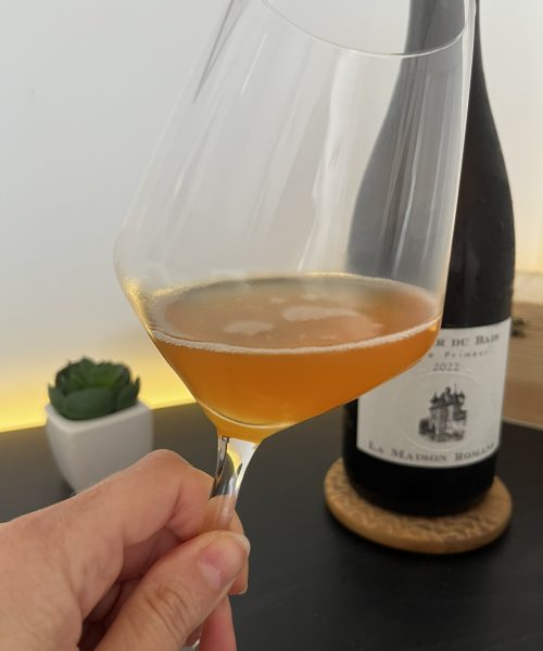 La Maison Romane – Manoir du Bais Cidre Primeur 2022_cider colour close up – vertical La Maison Romane - Manoir du Bais Cidre Primeur 2022_cider colour close up